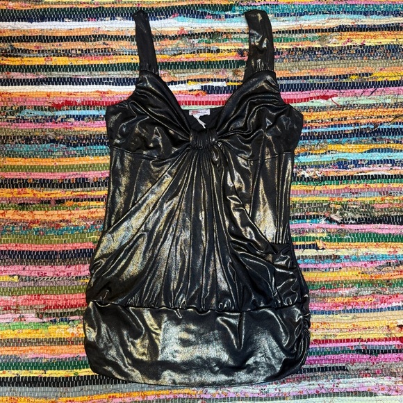 Vintage Tops - Vintage Y2K Metallic Black Ruched Tank Top – Lipstick Brand (S/M)